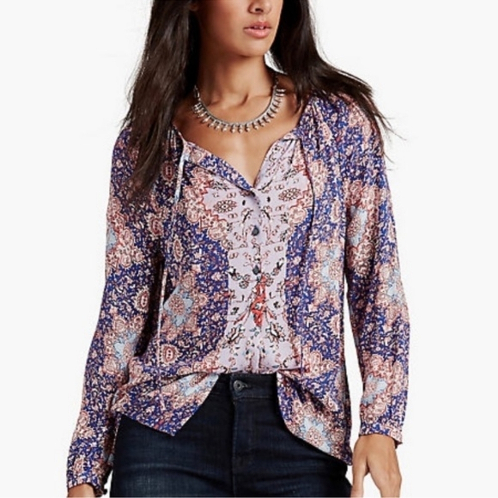 Lucky Brand • Blue Purple Tile Print Long Sleeve Boho Tunic Pesant M